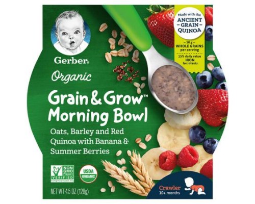 Gerber, Organic, Grain & Grow Morning Bowl, 10+ Months, Oats, Barley and Red Quinoa with Banana & Summer Berries, 4.5 oz (128 g)