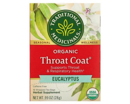 Traditional Medicinals, Organic Throat Coat, Eucalyptus, Caffeine Free, 16 Wrapped Tea Bags, 0.99 oz (28 g) Traditional Medicinals, Organic Throat Coat, Eucalyptus, Caffeine Free, 16 Wrapped Tea Bags, 0.99 oz (28 g)