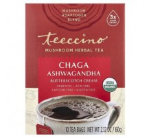 Teeccino, Mushroom Herbal Tea, Chaga Ashwagandha, Butterscotch Cream, Caffeine Free, 10 Tea Bags, 2.12 oz (60 g)