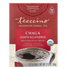 Teeccino, Mushroom Herbal Tea, Chaga Ashwagandha, Butterscotch Cream, Caffeine Free, 10 Tea Bags, 2.12 oz (60 g)