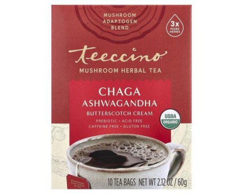 Teeccino, Mushroom Herbal Tea, Chaga Ashwagandha, Butterscotch Cream, Caffeine Free, 10 Tea Bags, 2.12 oz (60 g)