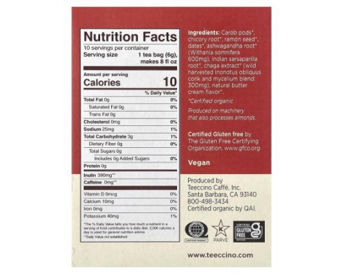 Teeccino, Mushroom Herbal Tea, Chaga Ashwagandha, Butterscotch Cream, Caffeine Free, 10 Tea Bags, 2.12 oz (60 g)