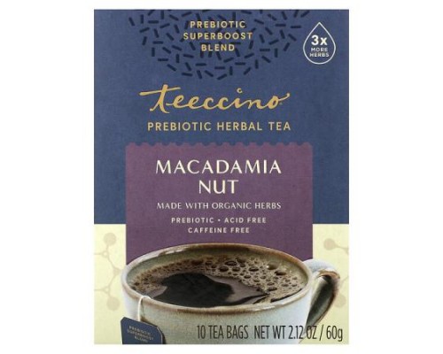 Teeccino, Prebiotic Herbal Tea, Macadamia Nut, Caffeine Free, 10 Tea Bags, 2.12 oz (60 g)