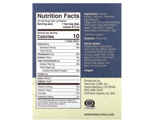 Teeccino, Prebiotic Herbal Tea, Macadamia Nut, Caffeine Free, 10 Tea Bags, 2.12 oz (60 g)