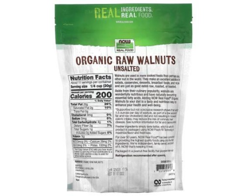 NOW Foods, Real Food, Organic Raw Walnuts, Unsalted, 12 oz (340 g)
