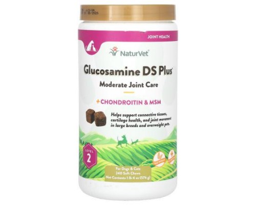 NaturVet, Glucosamine DS Plus, Moderate Joint Care Plus Chondroitin & MSM, For Dogs & Cats, Level 2, 240 Soft Chews, 1 lb 4 oz (576 g)