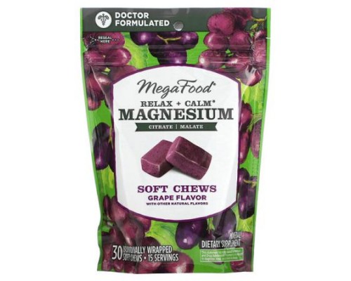 MegaFood, Relax + Calm Magnesium Soft Chews, Grape, 30 Individually Wrapped Soft Chews (125 mg per Chew) MegaFood, Relax + Calm Magnesium Soft Chews, Grape, 30 Individually Wrapped Soft Chews (125 mg per Chew)