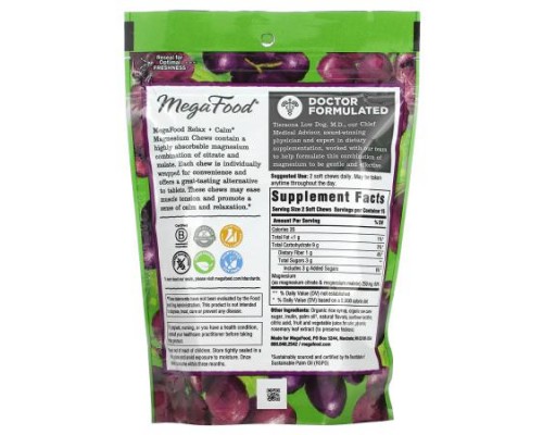 MegaFood, Relax + Calm Magnesium Soft Chews, Grape, 30 Individually Wrapped Soft Chews (125 mg per Chew) MegaFood, Relax + Calm Magnesium Soft Chews, Grape, 30 Individually Wrapped Soft Chews (125 mg per Chew)