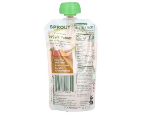 Sprout Organics, Veggie Power, 12 Months & Up, Sweet Potato, Mango, Apricot & Carrot, 4 oz (113 g) Sprout Organics, Veggie Power, 12 Months & Up, Sweet Potato, Mango, Apricot & Carrot, 4 oz (113 g)