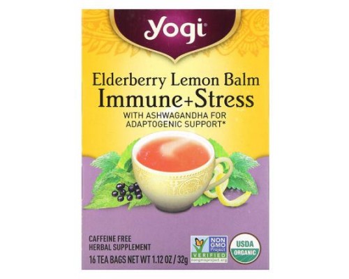 Yogi Tea, Immune + Stress, Elderberry Lemon Balm, Caffeine Free, 16 Tea Bags, 1.12 oz (32 g)