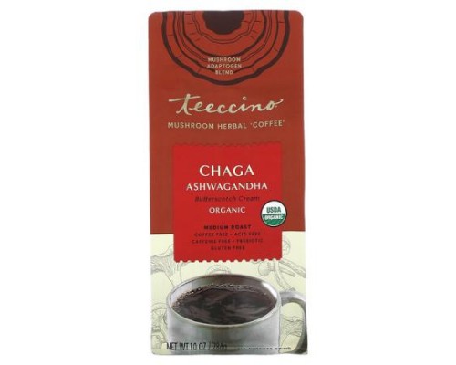 Teeccino, Mushroom Herbal Coffee, Chaga Ashwagandha, Medium Roast, Caffeine Free, 10 oz (284 g)
