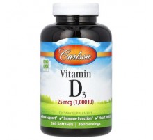 Carlson, Vitamin D3, 25 mcg (1,000 IU), 360 Soft Gels