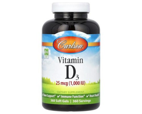 Carlson, Vitamin D3, 25 mcg (1,000 IU), 360 Soft Gels Carlson, Vitamin D3, 25 mcg (1,000 IU), 360 Soft Gels