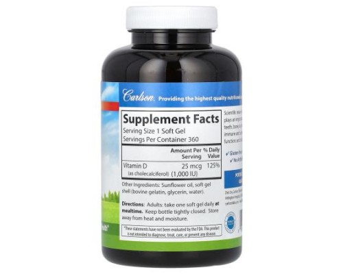 Carlson, Vitamin D3, 25 mcg (1,000 IU), 360 Soft Gels Carlson, Vitamin D3, 25 mcg (1,000 IU), 360 Soft Gels