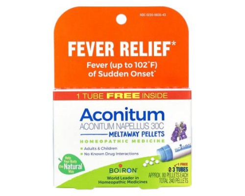 Boiron, Aconitum, Fever Relief, Meltaway Pellets, 30C, 3 Tubes, 80 Pellets Each Boiron, Aconitum, Fever Relief, Meltaway Pellets, 30C, 3 Tubes, 80 Pellets Each