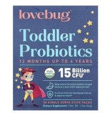 LoveBug Probiotics, Toddler Probiotics, 12 Months Up To 4 Years, 15 Billion CFU, 30 Single Serve Stick Packs, 0.06 oz (1.8 g) Each