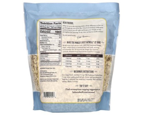 Bob's Red Mill, Old Fashioned Rolled Oats, Whole Grain, 32 oz (907 g) Bob's Red Mill, Old Fashioned Rolled Oats, Whole Grain, 32 oz (907 g)