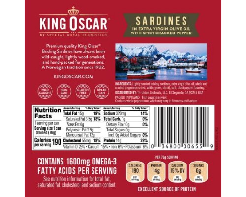 King Oscar, Wild Caught, Sardines In Extra Virgin Olive Oil, With Spicy Cracked Pepper, One Layer, 3.75 oz (106 g)
