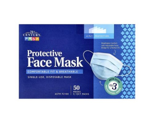 21st Century, Protective Face Mask, ASTM F2100, Single Use Disposable Masks, 50 Masks, 5-10 ct Packs
