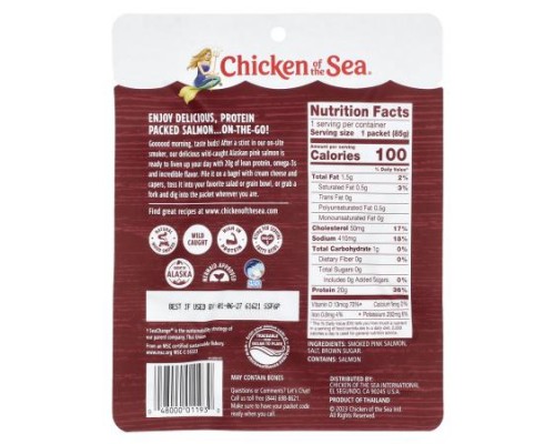Chicken of the Sea, Wild Caught Smoked Alaskan Pink Salmon, Natural Wood Smoked, 3 oz (85 g) Chicken of the Sea, Wild Caught Smoked Alaskan Pink Salmon, Natural Wood Smoked, 3 oz (85 g)