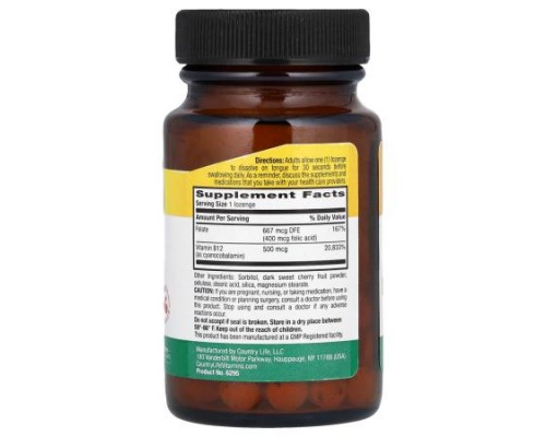 Country Life, Vitamin B12 with Folate, Cherry, 100 Lozenges