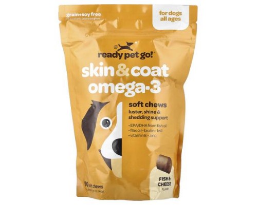 Ready Pet Go, Skin & Coat Omega-3, For Dogs, All Ages, Fish & Cheese, 90 Soft Chews, 12.7 oz (360 g)