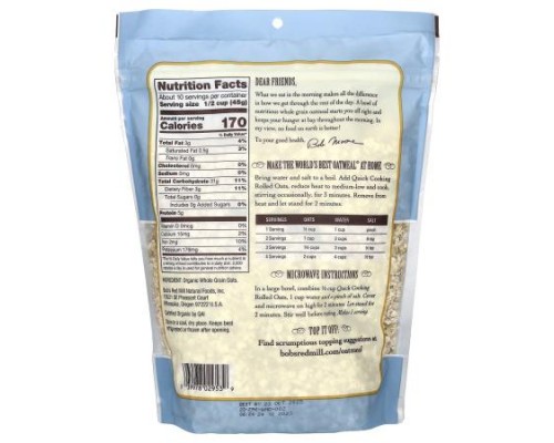 Bob's Red Mill, Organic Quick Cooking Rolled Oats, Whole Grain, 16 oz (454 g)