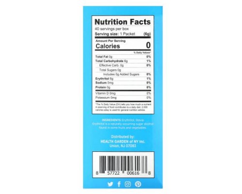 Health Garden, Sugarless, Erythritol Stevia, 40 Packets, 0.21 oz (6g) Each Health Garden, Sugarless, Erythritol Stevia, 40 Packets, 0.21 oz (6g) Each