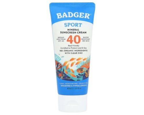 Badger, Sport, Mineral Sunscreen Cream, SPF 40, Unscented, 2.9 fl oz (87 ml) Badger, Sport, Mineral Sunscreen Cream, SPF 40, Unscented, 2.9 fl oz (87 ml)