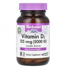 Bluebonnet Nutrition, Vitamin D3, 125 mcg (5,000 IU), 60 Vegetable Capsules