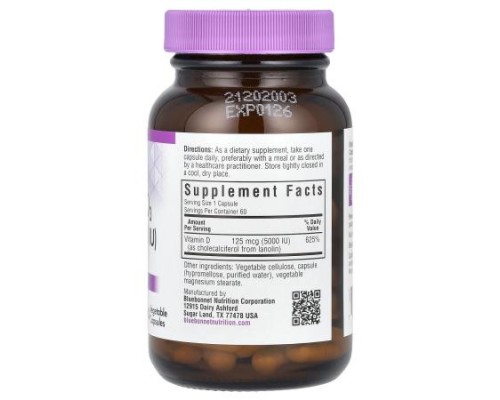 Bluebonnet Nutrition, Vitamin D3, 125 mcg (5,000 IU), 60 Vegetable Capsules