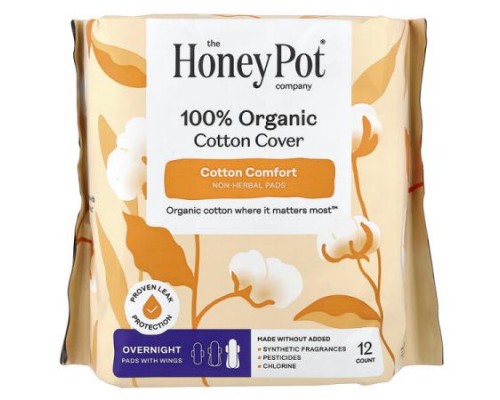 The Honey Pot Company, Organic Non-Herbal Pads with Wings, Overnight, 12 Count