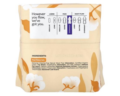 The Honey Pot Company, Organic Non-Herbal Pads with Wings, Overnight, 12 Count