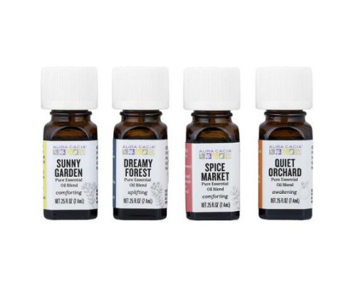 Aura Cacia, Journey Kit, Essential Oil Diffusion Blends, 4 Bottles, 0.25 fl oz (7.4 ml) Each Aura Cacia, Journey Kit, Essential Oil Diffusion Blends, 4 Bottles, 0.25 fl oz (7.4 ml) Each