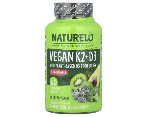 NATURELO, Vegan Vitamin K2 + D3, 60 Vegetarian Capsules