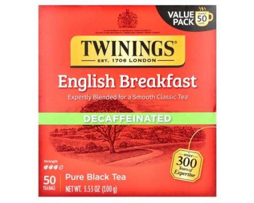 Twinings, English Breakfast, Pure Black Tea, Decaffeinated,  50 Tea Bags, 3.53 oz (100 g)