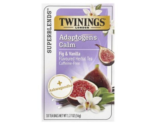 Twinings, Superblends™, Adaptogens Calm Herbal Tea, Fig & Vanilla, Caffeine Free, 18 Tea Bags, 1.27 oz (36 g) Twinings, Superblends™, Adaptogens Calm Herbal Tea, Fig & Vanilla, Caffeine Free, 18 Tea Bags, 1.27 oz (36 g)