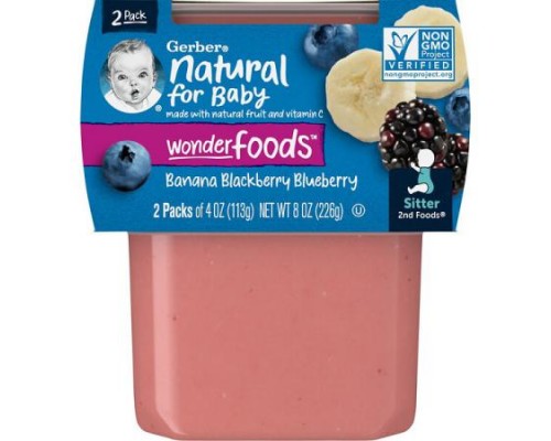 Gerber, Natural for Baby, Wonder Foods™, 2nd Foods®, Banana, Blackberry, Blueberry, 2 Pack, 4 oz (113 g) Each