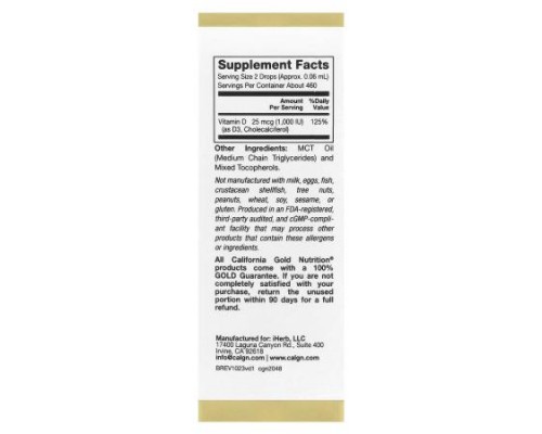 California Gold Nutrition, Vitamin D3, 25 mcg (1,000 IU), 1  fl oz (30 ml)