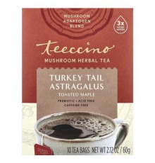 Teeccino, Mushroom Herbal Tea, Turkey Tail Astragalus, Toasted Maple, Caffeine Free, 10 Tea Bags, 2.12 oz (60 g)