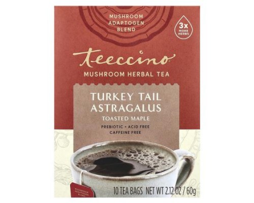 Teeccino, Mushroom Herbal Tea, Turkey Tail Astragalus, Toasted Maple, Caffeine Free, 10 Tea Bags, 2.12 oz (60 g)