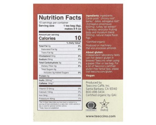 Teeccino, Mushroom Herbal Tea, Turkey Tail Astragalus, Toasted Maple, Caffeine Free, 10 Tea Bags, 2.12 oz (60 g)