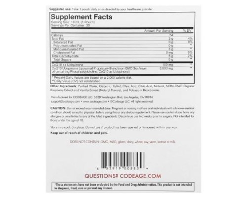 Codeage, Nanofood, Wonder Heart, Liposomal CoQ10, Raspberry, 30 Pouches, 0.3 fl oz (10 ml) Each