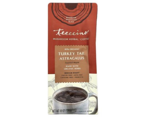 Teeccino, Mushroom Herbal Coffee, Turkey Tail Astragalus, Toasted Maple, Medium Roast, Caffeine Free, 10 oz (284 g)