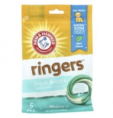 Arm & Hammer, Ringers, Fresh Breath Dental Treats For Dogs, Medium, Mint, 5 Pieces, 6.2 oz (175 g)