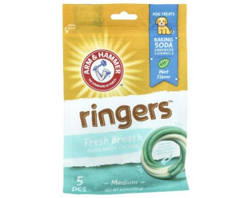 Arm & Hammer, Ringers, Fresh Breath Dental Treats For Dogs, Medium, Mint, 5 Pieces, 6.2 oz (175 g) Arm & Hammer, Ringers, Fresh Breath Dental Treats For Dogs, Medium, Mint, 5 Pieces, 6.2 oz (175 g)