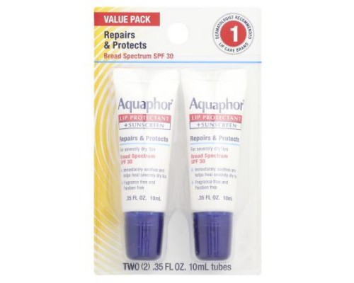 Aquaphor, Lip Protectant + Sunscreen, SPF 30, Fragrance Free, 2 Tubes, 0.35 fl oz (10 ml) Each Aquaphor, Lip Protectant + Sunscreen, SPF 30, Fragrance Free, 2 Tubes, 0.35 fl oz (10 ml) Each