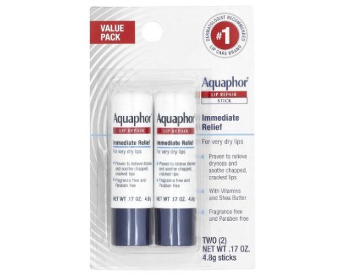 Aquaphor, Lip Repair Stick, Immediate Relief, 2 Sticks, 0.17 oz (4.8 g) Each Aquaphor, Lip Repair Stick, Immediate Relief, 2 Sticks, 0.17 oz (4.8 g) Each