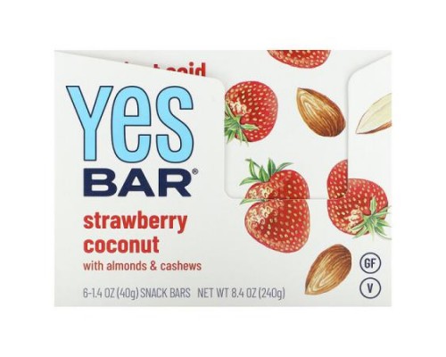 Yes Bar, Snack Bar, Strawberry Coconut, 6 Bars, 1.4 oz (40 g) Each