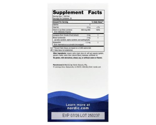 Nordic Naturals, Vitamin A + Carotenoids, 30 Soft Gels Nordic Naturals, Vitamin A + Carotenoids, 30 Soft Gels